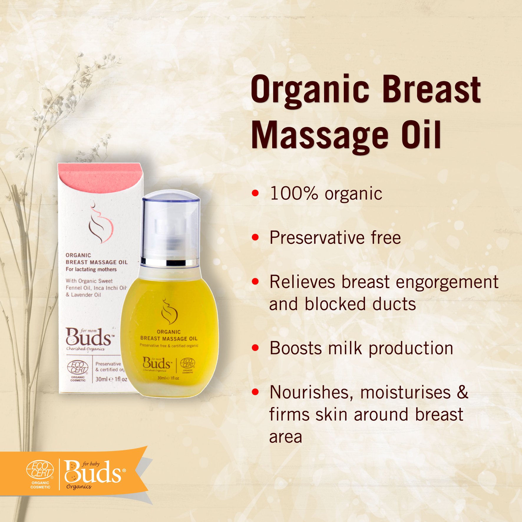 Buds Organic Breast Massage Oil Bco 30ml