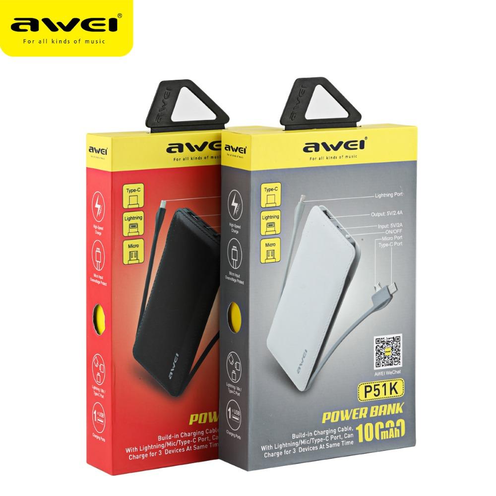 Awei P51K Portable Power Bank 10000mAh Fast Charging With Type-C Micro  Cable Business Style For Work Outdoor Travel Powerbank