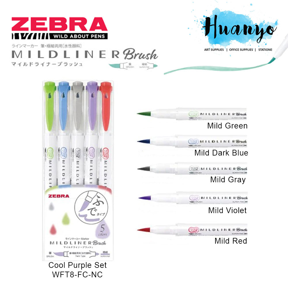 Zebra Mildliner Double-Ended Brush Pen Set of 5- Fluorescent