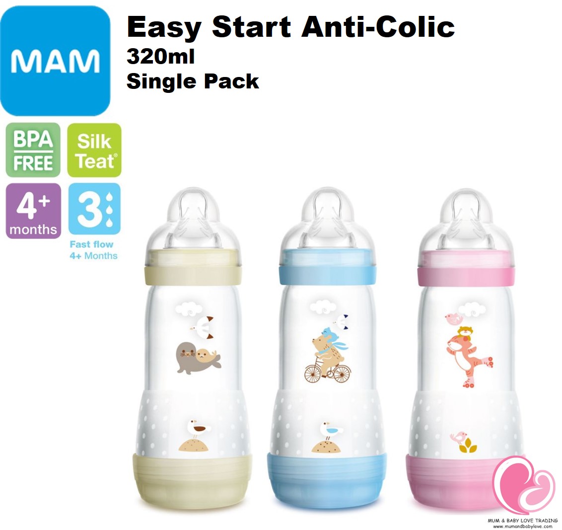 Set of 2 Mam Baby Bottles - Easy Start Anti-Colic - Pink + White Model -  From Birth - Flow 3 - 2 X 320 ml Mam