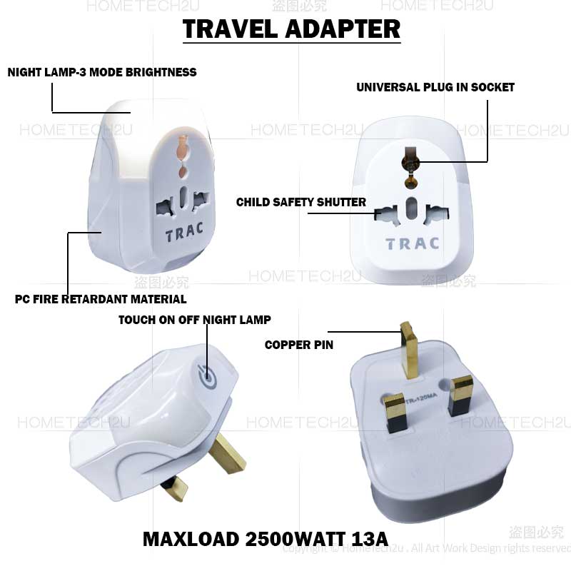 EU to UK/HK/Singapore/UAE/KSA Adapter with 13A Fuse and Safety Shutter, 2  Pin