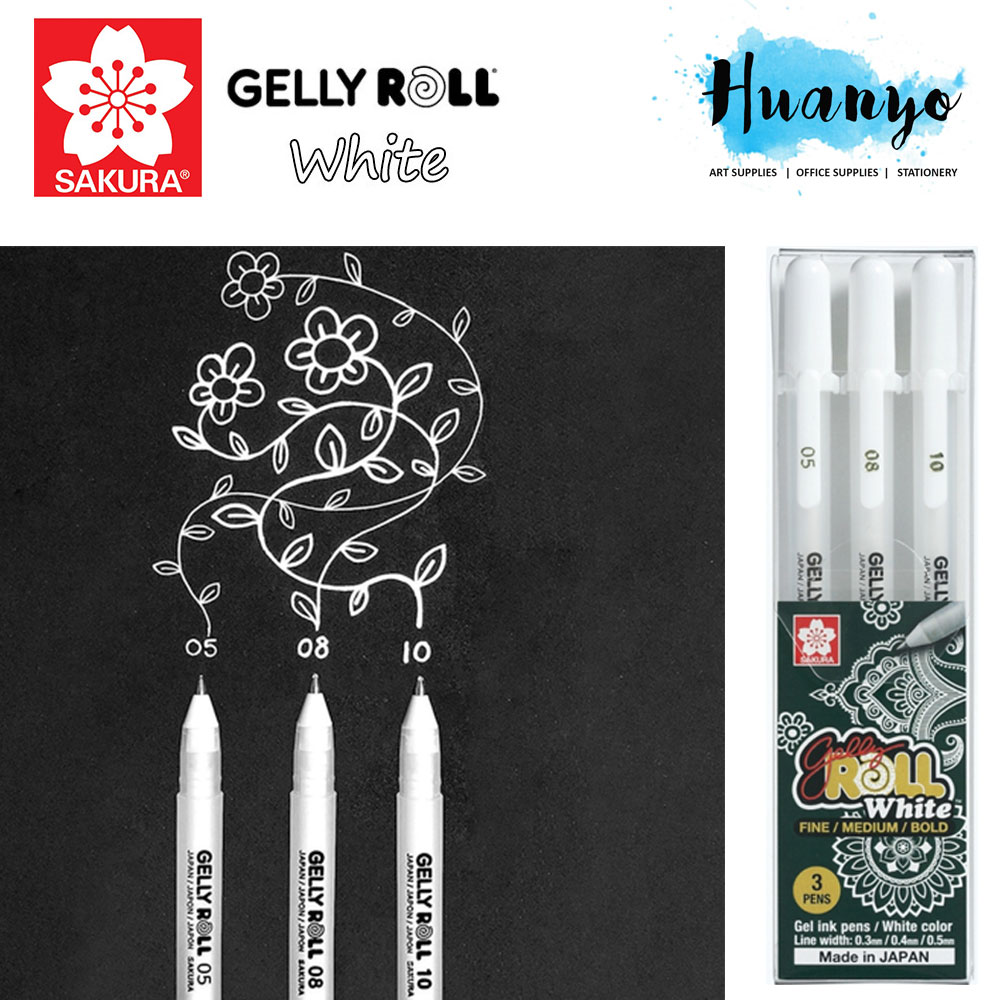 Sakura Gelly Roll Gel Pens - Bright White – 0.5 / 0.8 / 1.0mm - Wallet of 3