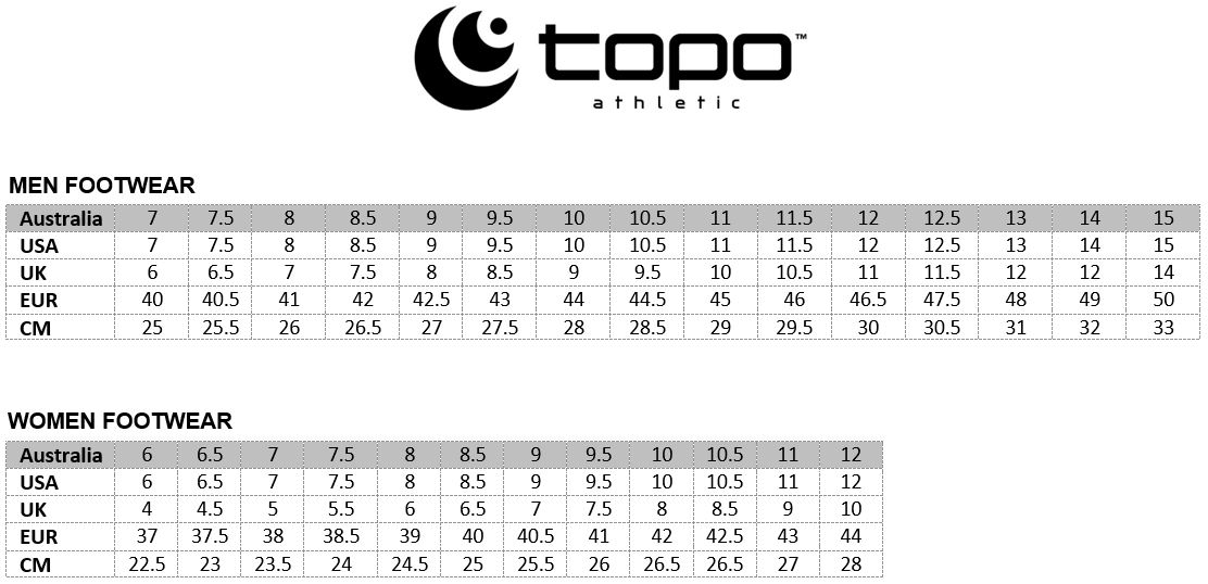 Topo athletic sale size chart