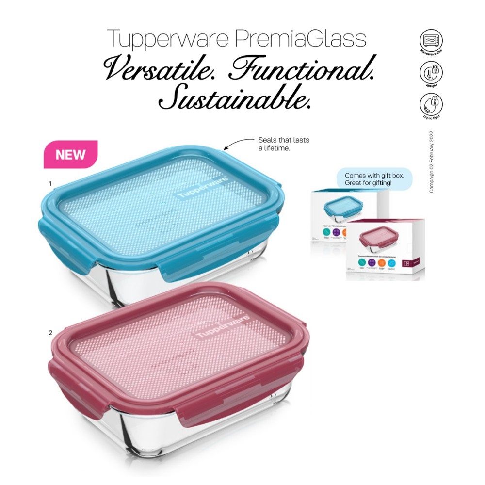Tupperware PremiaGlass Premia Glass Container 1.5L and 1L Set of 2 Peacock  New