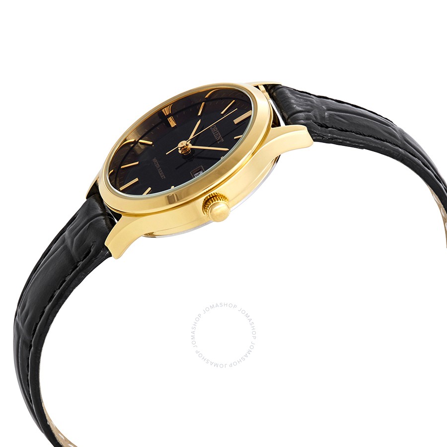 quartz black and gold watch