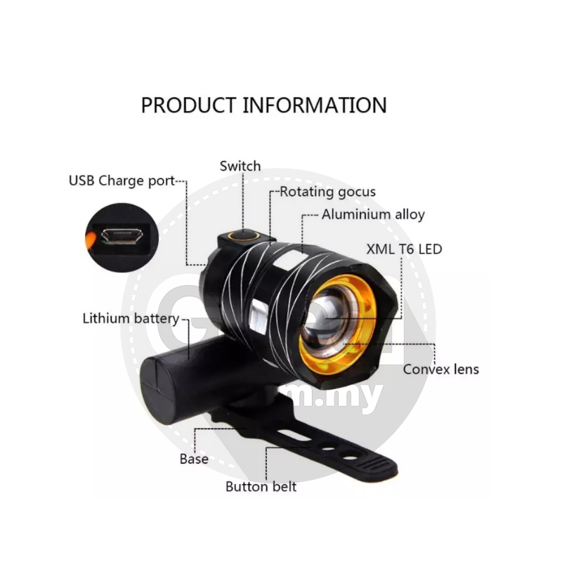 USB Rechargeable T6 LED Bike Lamp Cycling Light Torch (2 Colors)